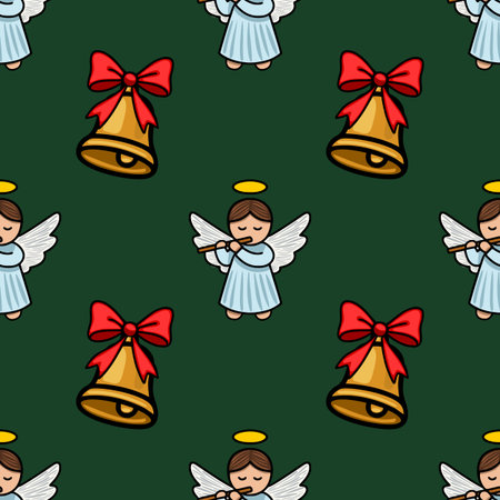Seamless vector Christmas pattern featuring charming angels playing flutes and golden bells with red bows on a deep green background, creating a festive and whimsical design.のイラスト素材