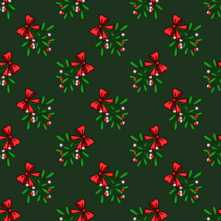 Seamless vector pattern of mistletoe sprigs adorned with red bows, set against a deep green background, perfect for festive Christmas designs.のイラスト素材