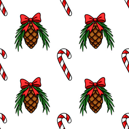 Seamless vector Christmas pattern with decorated pine cones and candy canes, featuring a hand-drawn style and vibrant red, green, and brown colors, perfect for festive designs.のイラスト素材