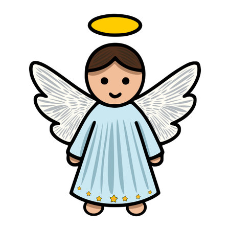 Adorable vector illustration of a Christmas angel with detailed wings and a halo, featuring a light blue robe and gold stars, perfect for festive designs.のイラスト素材