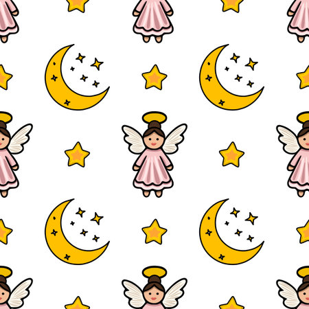 Seamless vector pattern of cute angels, crescent moons, and stars, perfect for Christmas or baby-themed designs.のイラスト素材