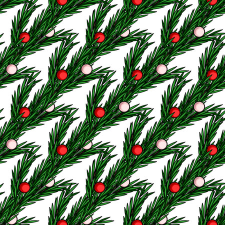Seamless vector Christmas pattern with stylized pine branches adorned with red and pink baubles, creating a festive and elegant design ideal for winter holidays.のイラスト素材