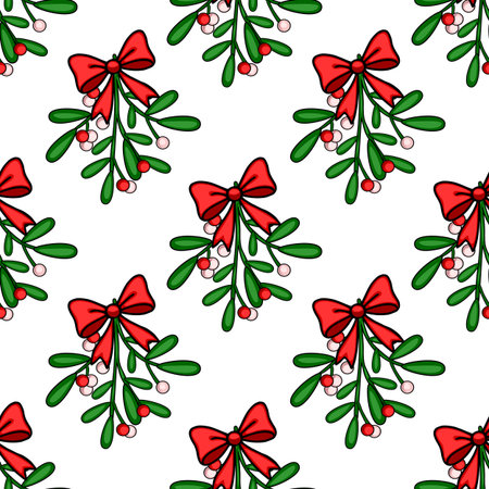 Seamless vector pattern of mistletoe sprigs adorned with red bows, featuring red and pink berries against a white background, ideal for festive Christmas designs.のイラスト素材