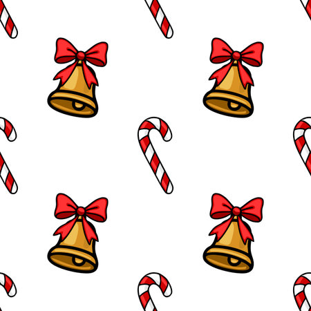 Seamless vector Christmas pattern featuring golden bells with red bows and candy canes, creating a festive and cheerful winter design ideal for holiday wrapping paper or festive backgrounds.のイラスト素材