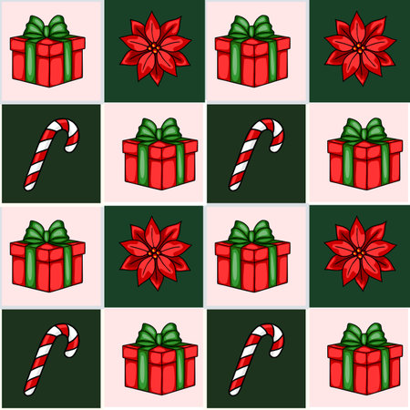 Seamless Christmas vector pattern with red gift boxes, poinsettia flowers, and candy canes on a pink and green checkered background.のイラスト素材