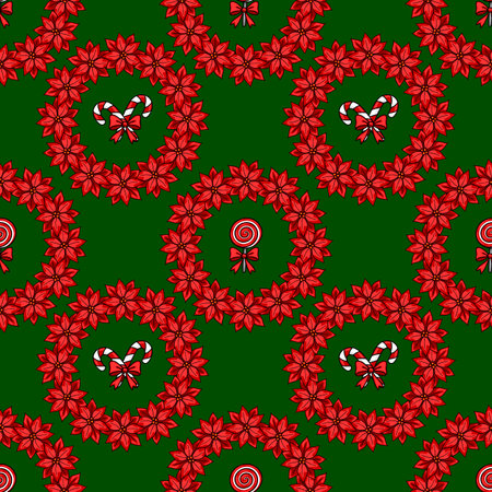 Seamless vector Christmas pattern with red poinsettia flowers, candy canes, and lollipops on a dark green background, creating a festive and joyful winter design.のイラスト素材