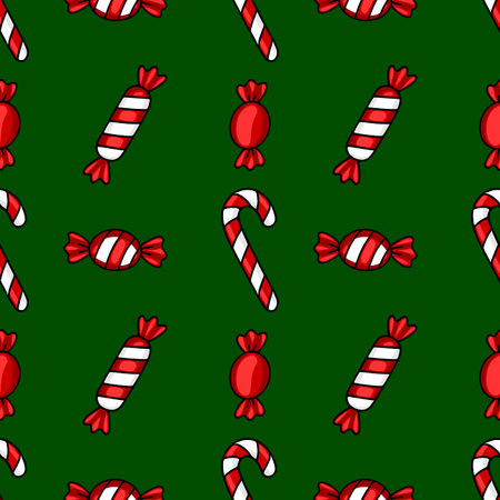 Seamless vector pattern of hand-drawn Christmas candy canes and wrapped sweets on a dark green background, creating a festive and playful design ideal for winter holidays.のイラスト素材