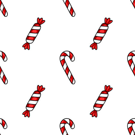 Seamless vector pattern featuring a playful arrangement of candy canes and wrapped sweets, creating a cheerful Christmas design ideal for festive backgrounds and wrapping paper.のイラスト素材