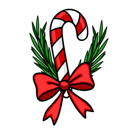 Festive Christmas vector illustration of a candy cane adorned with a vibrant red bow and lush green sprigs, perfect for holiday designs.のイラスト素材