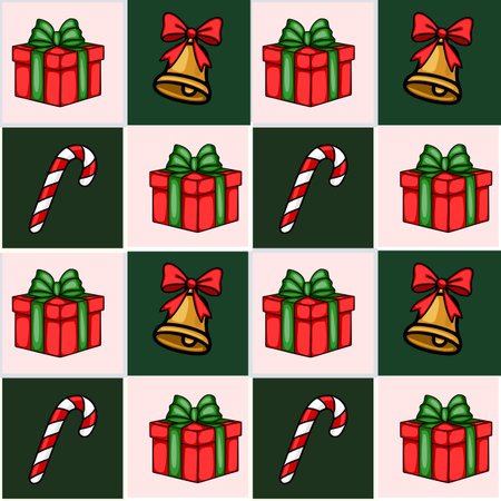 Seamless vector Christmas pattern featuring charming hand-drawn illustrations of gift boxes with bows, jingle bells, and candy canes in a cheerful red, green, and gold color palette.のイラスト素材
