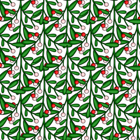 Seamless vector pattern of stylized mistletoe branches with red and pink berries on a white background, perfect for Christmas holiday designs.のイラスト素材