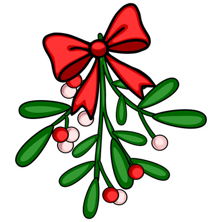 Festive vector illustration of a mistletoe sprig adorned with a vibrant red bow, featuring hand-drawn style with bold outlines and rich color palette, perfect for Christmas designs.のイラスト素材