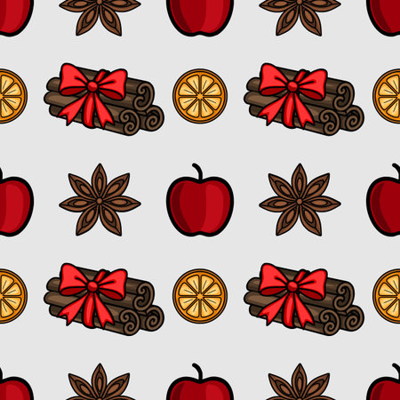 Seamless vector pattern of festive Christmas spices: cinnamon sticks tied with red ribbon, star anise, red apples and orange slices on a light grey background, perfect for winter holidays design.のイラスト素材