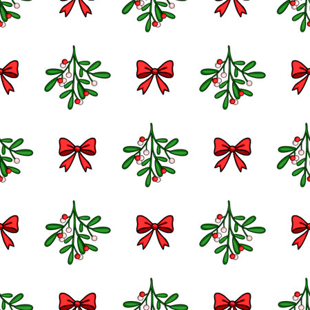 Seamless vector pattern of mistletoe sprigs and red bows, a festive Christmas design with vibrant colors and simple hand-drawn style, perfect for winter holidays.のイラスト素材