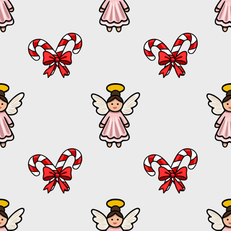 Seamless vector Christmas pattern featuring adorable angels in pink dresses and candy canes with red bows, creating a charming and festive design.のイラスト素材