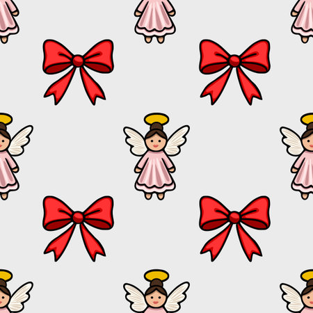 Seamless vector pattern featuring adorable cartoon angels in pink dresses and bright red bows, perfect for festive Christmas designs.のイラスト素材