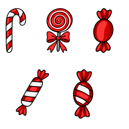 Festive red and white vector illustration of assorted Christmas candies: candy cane, lollipop with a bow, and wrapped hard candies.のイラスト素材