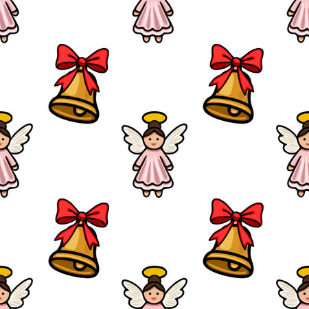 Seamless vector Christmas pattern featuring charming angels in pink dresses and golden bells adorned with red bows, creating a festive and joyful winter design.のイラスト素材