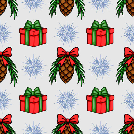Seamless vector Christmas pattern featuring red gift boxes with green and red ribbons, pine cones adorned with bows, and stylized snowflakes on a light gray background, creating a festive and cheer...のイラスト素材
