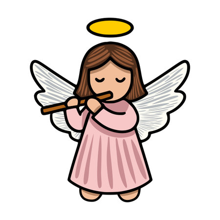 Adorable vector illustration of a cherubic angel playing a flute, depicted in a charming cartoon style with distinct features and pastel colors.のイラスト素材