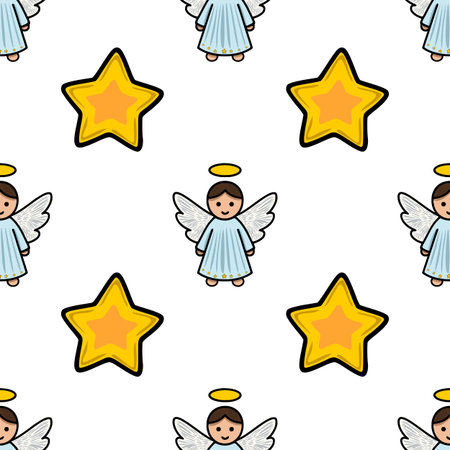 Seamless vector Christmas pattern featuring adorable cherubic angels with halos and golden stars, creating a charming and festive design ideal for holiday cards and wrapping paper.のイラスト素材