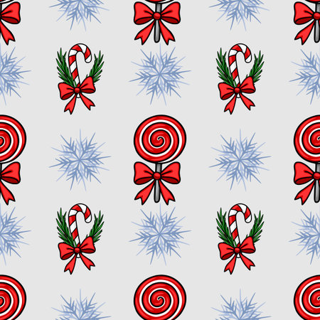 Seamless vector Christmas pattern with red lollipops, candy canes, bows, and snowflakes on a light gray background, perfect for festive designs and winter holidays.のイラスト素材