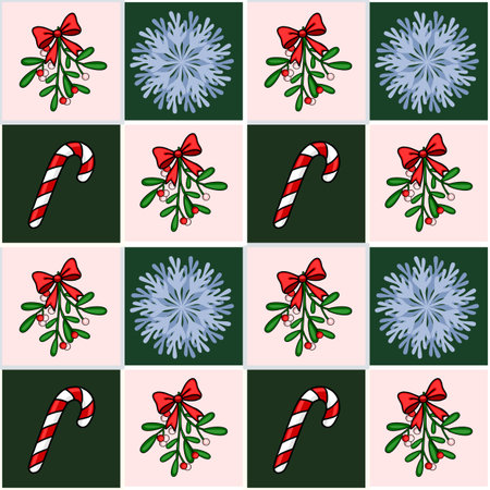 Seamless vector Christmas pattern featuring mistletoe, candy canes, and snowflakes in a repeating checkered design with pink and green squares.のイラスト素材
