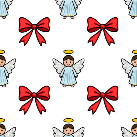 Seamless vector pattern featuring adorable cartoon angels with halos and bright red bows, perfect for festive Christmas designs.のイラスト素材