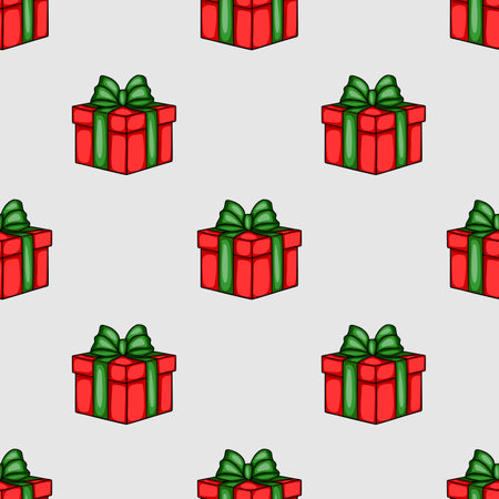 Seamless vector pattern of red gift boxes with green bows, perfect for festive Christmas or holiday designs, offering a playful and joyful aesthetic.のイラスト素材