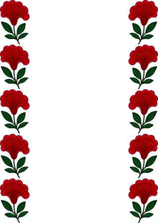 Elegant vector floral frame with stylized red flowers and green leaves, perfect for invitations, cards, or decorative elements.のイラスト素材