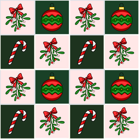 Seamless vector Christmas pattern featuring candy canes, mistletoe sprigs with red bows, and red and green Christmas baubles in a checkered design.のイラスト素材