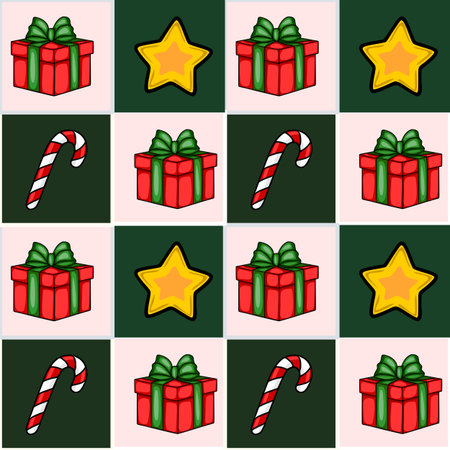 Seamless vector pattern with hand-drawn Christmas gifts, candy canes, and stars in a cheerful checkerboard arrangement, perfect for festive holiday designs.のイラスト素材