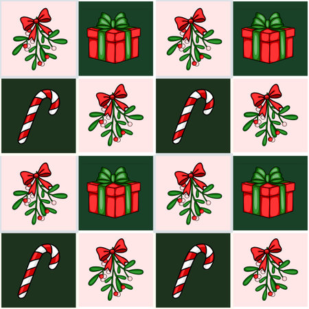 Seamless vector Christmas pattern with mistletoe, gift boxes, and candy canes in a repeating tile design, featuring a unique blend of red, green, and pink hues.のイラスト素材