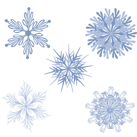 Collection of five unique vector snowflakes in light blue shades, perfect for winter-themed designs, offering a variety of intricate patterns and styles.のイラスト素材