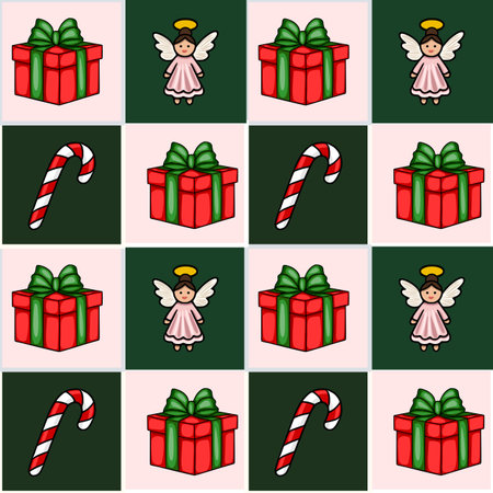 Seamless vector Christmas pattern featuring charming angels, gift boxes with green bows, and candy canes, creating a festive and cheerful design perfect for holiday projects.のイラスト素材