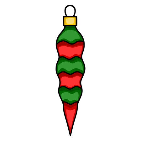 A vector illustration of a unique Christmas tree ornament, featuring a stylized wavy design in red and green, with a golden cap and a white loop, perfect for festive designs.のイラスト素材