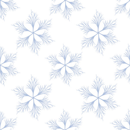 Seamless vector pattern of delicate light blue stylized snowflakes, resembling winter branches, creating a minimalist and elegant design perfect for winter-themed projects.のイラスト素材