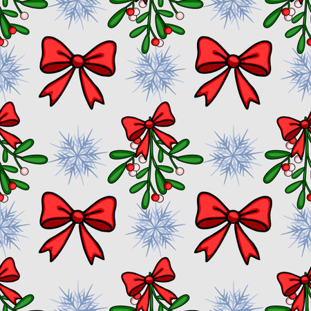 Seamless vector Christmas pattern featuring red bows, mistletoe sprigs, and stylized snowflakes on a light gray background, ideal for festive designs and winter celebrations.のイラスト素材