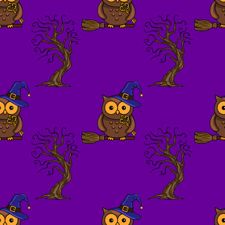 Seamless vector Halloween pattern with cute owls in witch hats riding broomsticks near spooky bare trees on a purple background.のイラスト素材