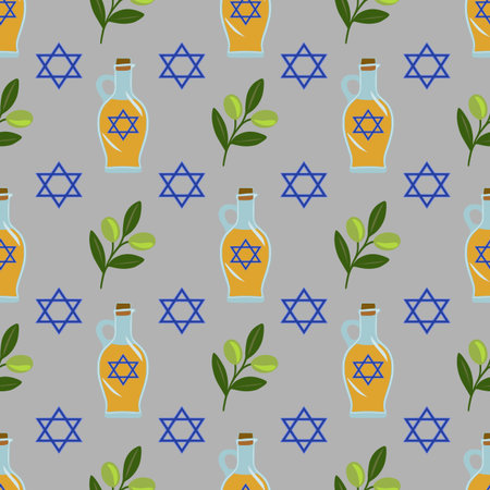 Seamless vector pattern featuring olive branches, oil bottles with Star of David symbols, and blue hexagrams on a gray background, perfect for Hanukkah celebrations or Jewish-themed designs.のイラスト素材