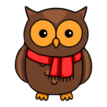 Adorable vector illustration of a brown owl wearing a red scarf, characterized by its large orange eyes and simplified, cartoonish style, perfect for childrens books or winter-themed designs.のイラスト素材