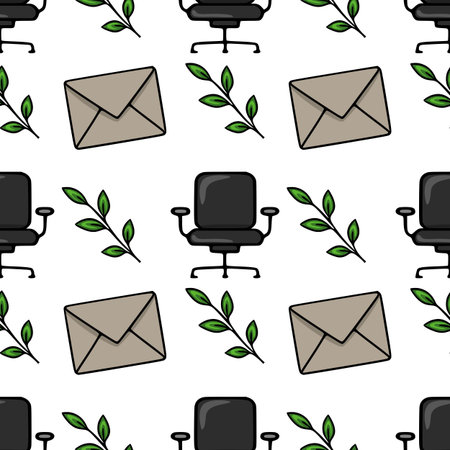 Seamless vector pattern with office chair, envelope, and green leaves, creating a minimalist and fresh office design.のイラスト素材