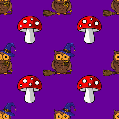 Seamless vector Halloween pattern featuring cute owls on broomsticks, witch hats, and vibrant red toadstools against a deep purple background, creating a whimsical and enchanting design.のイラスト素材