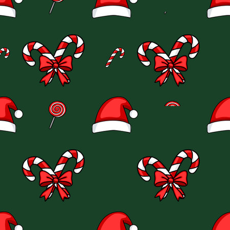 Seamless vector pattern featuring charming Christmas candy canes with bows, Santa hats, and lollipops on a dark green background, perfect for festive designs.のイラスト素材