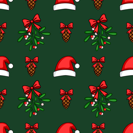 Seamless vector Christmas pattern featuring Santa hats, pine cones with red bows, and mistletoe sprigs on a dark green background, creating a festive and joyful winter design.のイラスト素材