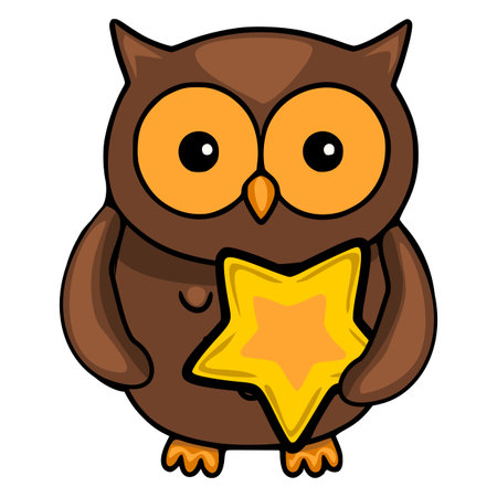 Adorable vector illustration of a brown owl holding a golden star, showing a charming cartoon style with bold outlines and vibrant orange accents.のイラスト素材
