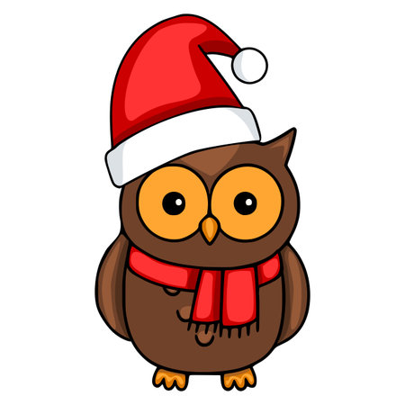 Adorable vector illustration of a brown owl wearing a red Santa hat and scarf, perfect for Christmas-themed designs.のイラスト素材