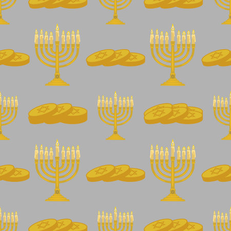 Seamless vector pattern of golden menorahs with lit candles and stacks of Hanukkah gelt coins on a gray background, ideal for festive holiday designs.のイラスト素材