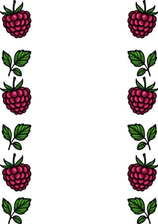 Vector illustration of a vertical frame with hand-drawn raspberries and leaves, perfect for summer designs and invitations.のイラスト素材