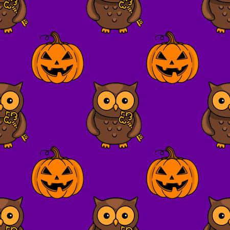 Seamless vector Halloween pattern with cute brown owls holding golden keys and carved smiling pumpkins on a purple background.のイラスト素材
